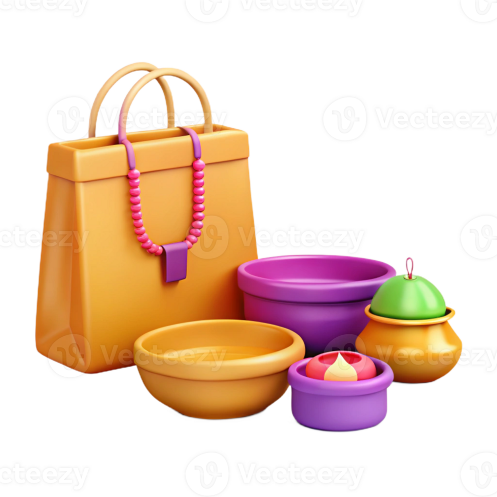 3D Rendered Shopping Bag with Bowls and a Pot png