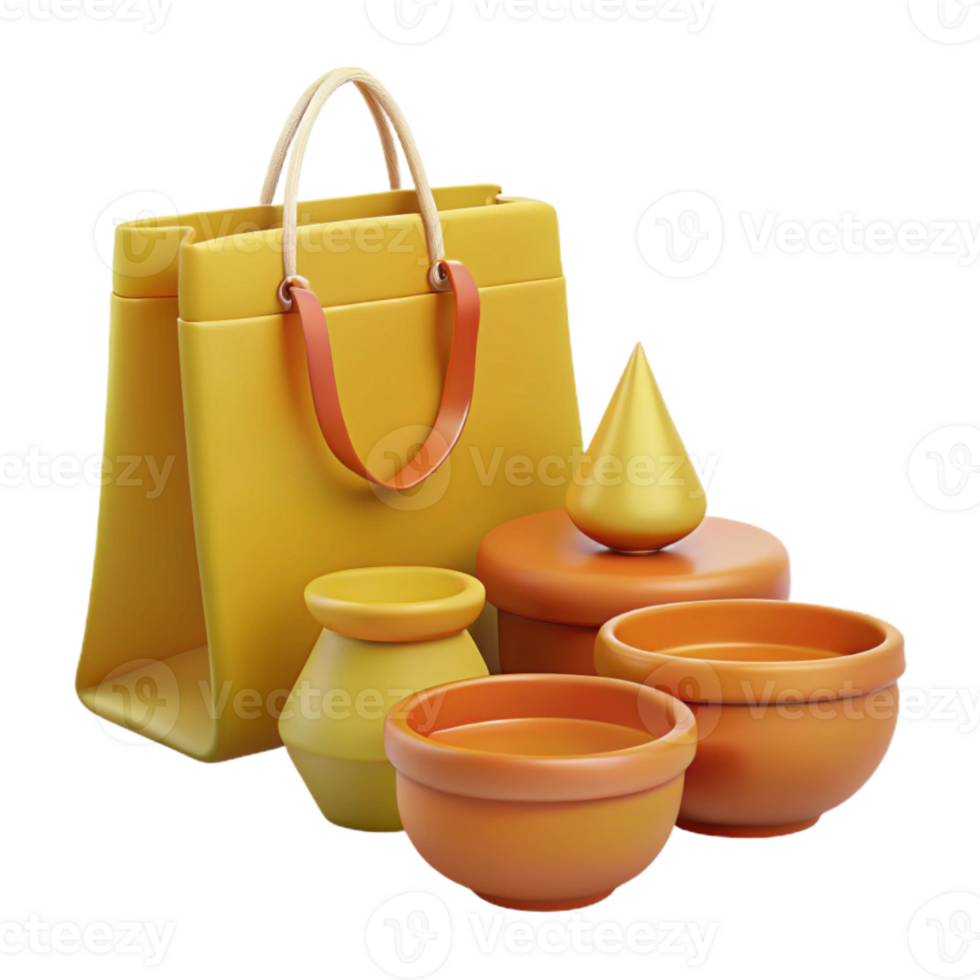 3D Render of Shopping Bag with Pots and Bowls png