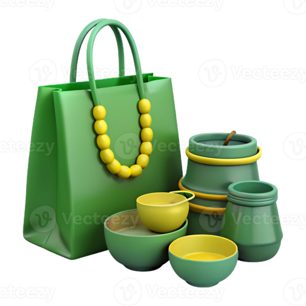 Green Shopping Bag with Yellow Beads and Assorted Green Bowls png