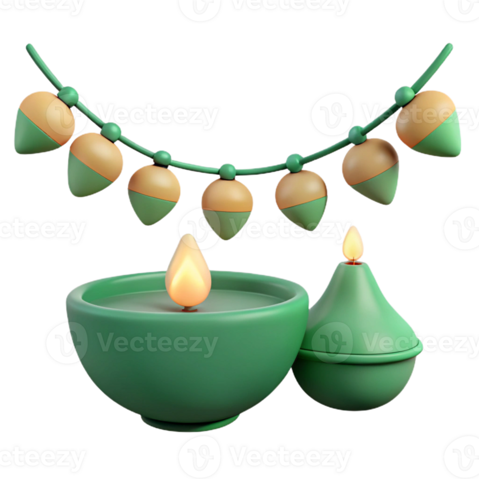 Green Candles and String of Lights 3D Illustration png