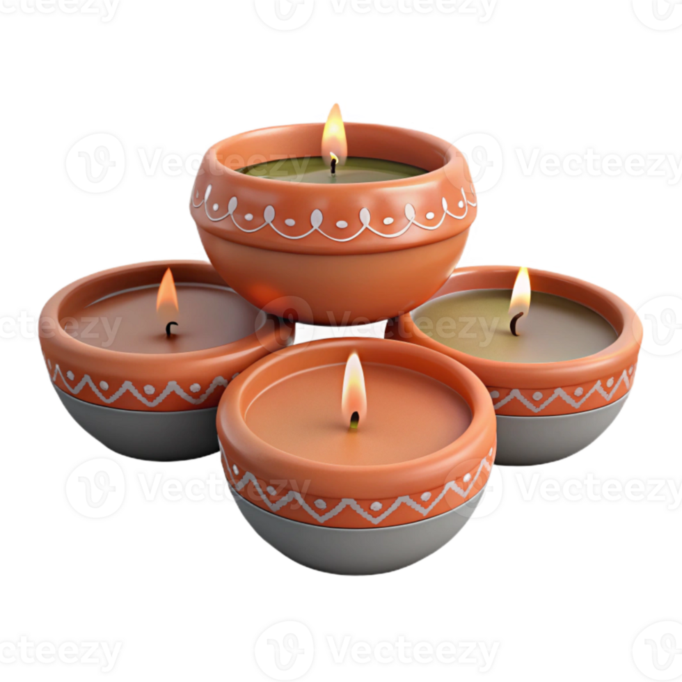 Four Clay Candle Holders with Flames png
