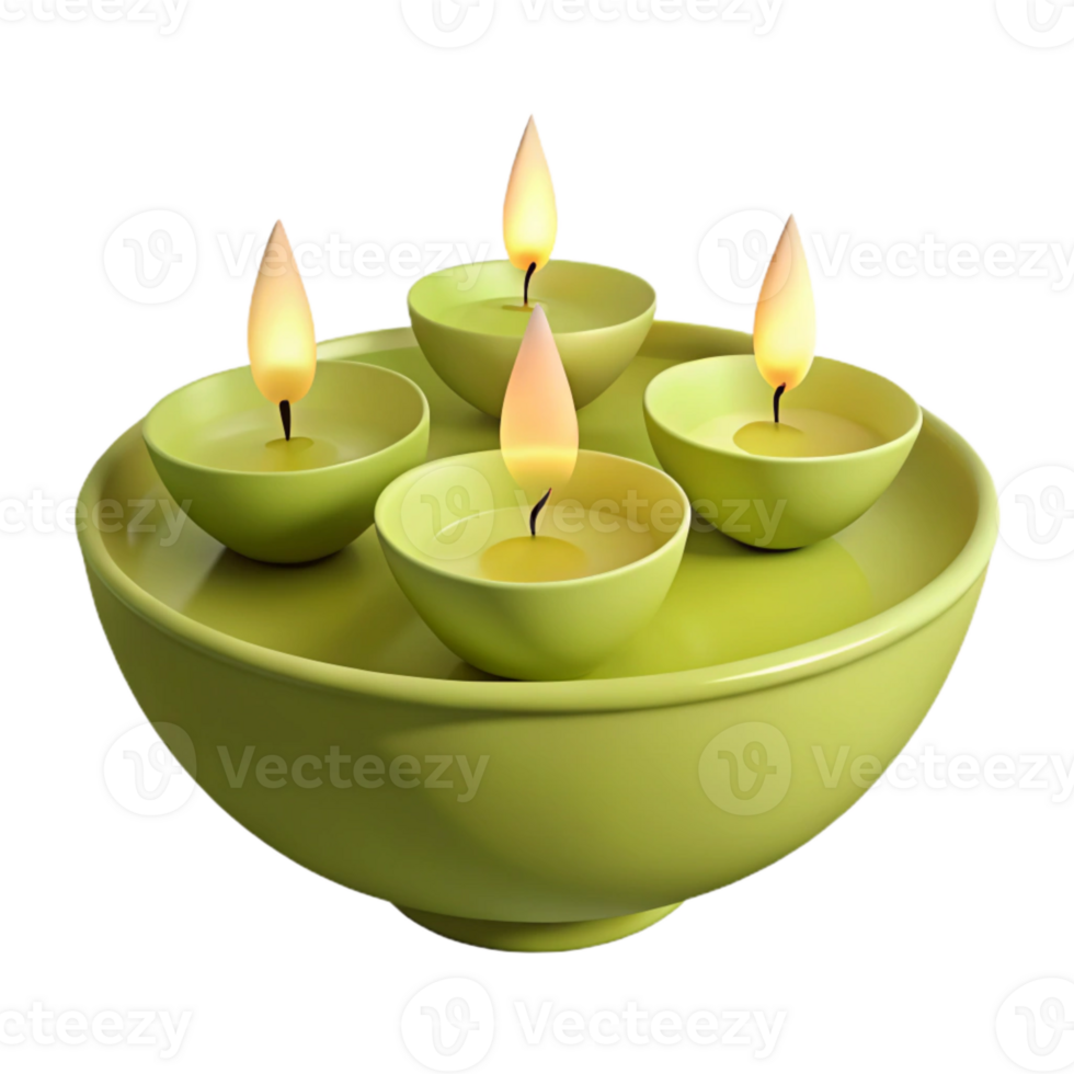 Four Burning Candles in a Green Bowl png