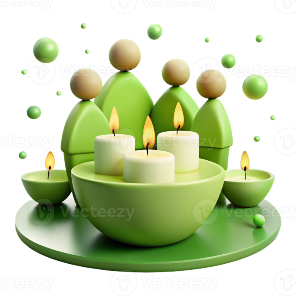 Three Candles in a Bowl Surrounded by Green Shapes png
