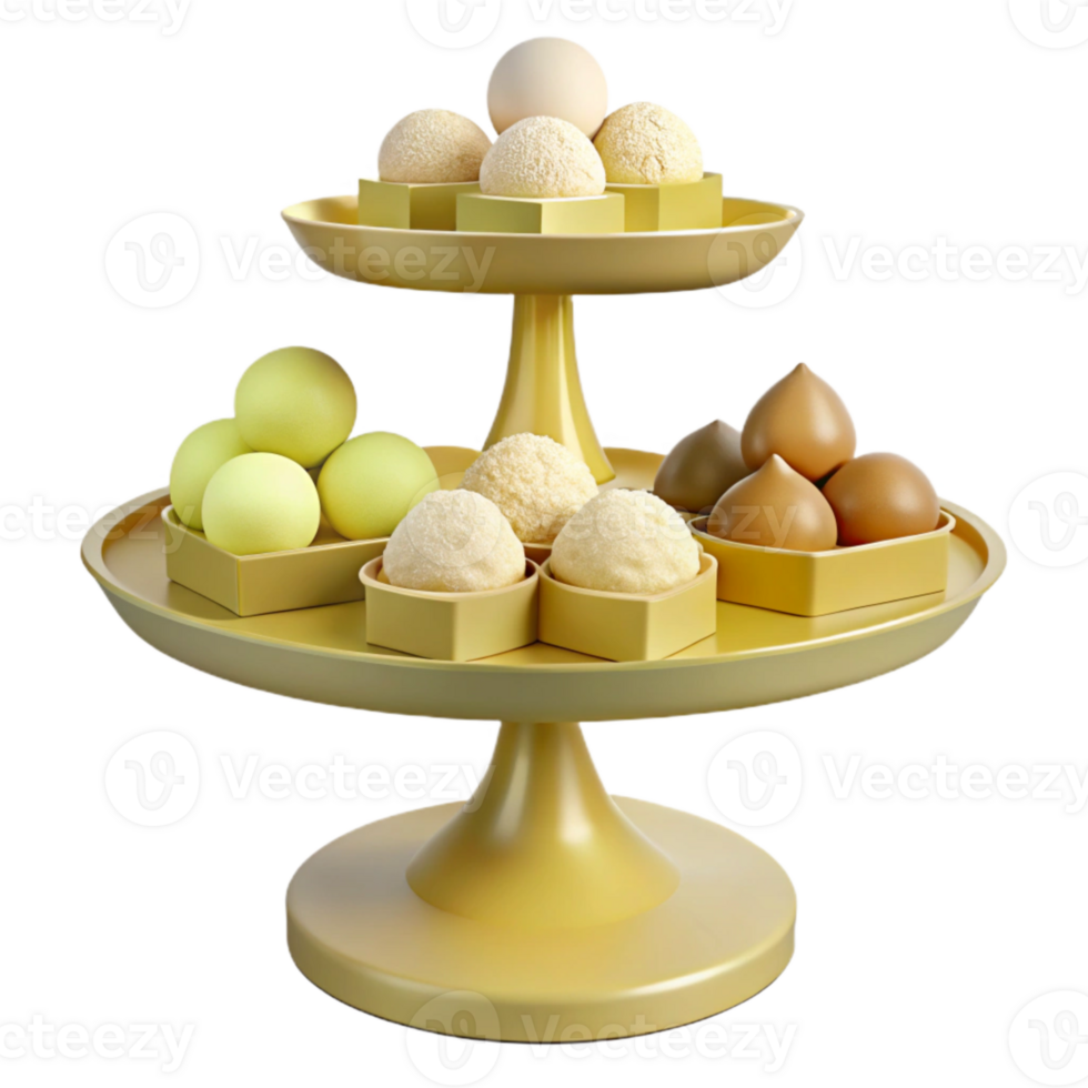 Gourmet Desserts on a Two-Tiered Gold Stand png