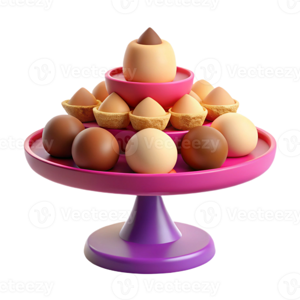 Colorful Dessert Platter with Round Cakes and Brown Chocolate Eggs png