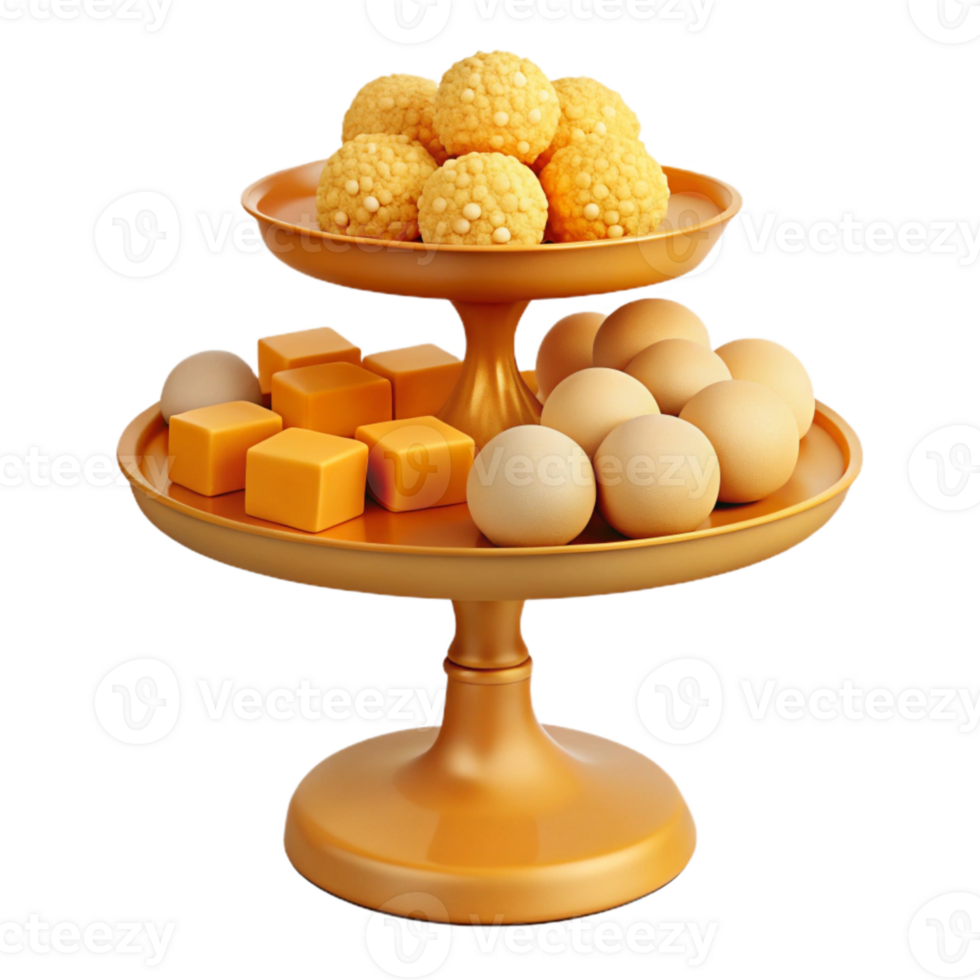 Golden Tiered Serving Tray with Snacks and Eggs png