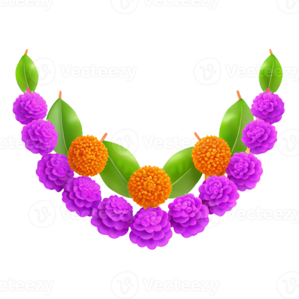 Purple and Orange Flower Garland with Green Leaves png