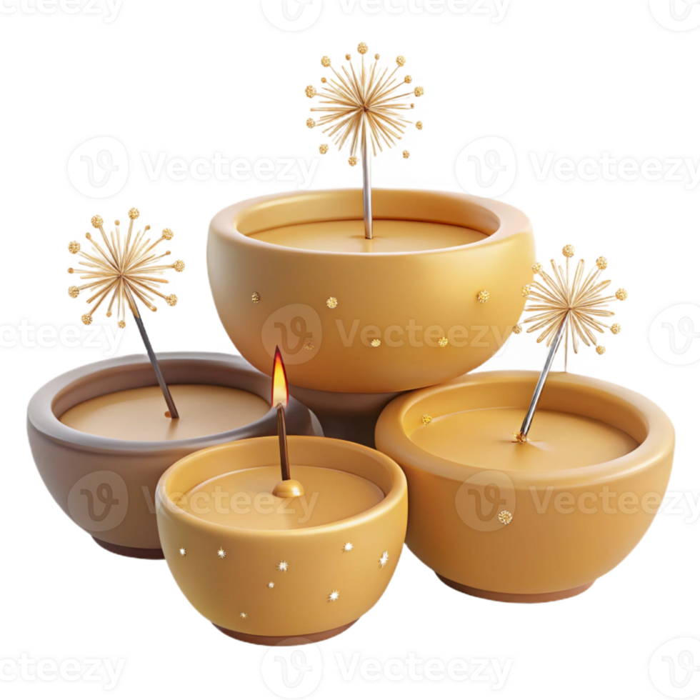 Golden Diya Decoration with Candle and Sparkly Flowers png