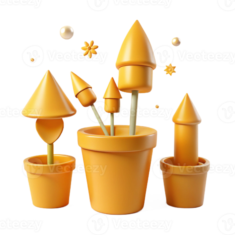 3D Rendered Illustration of Yellow Pots with Geometric Shapes and Flowers png