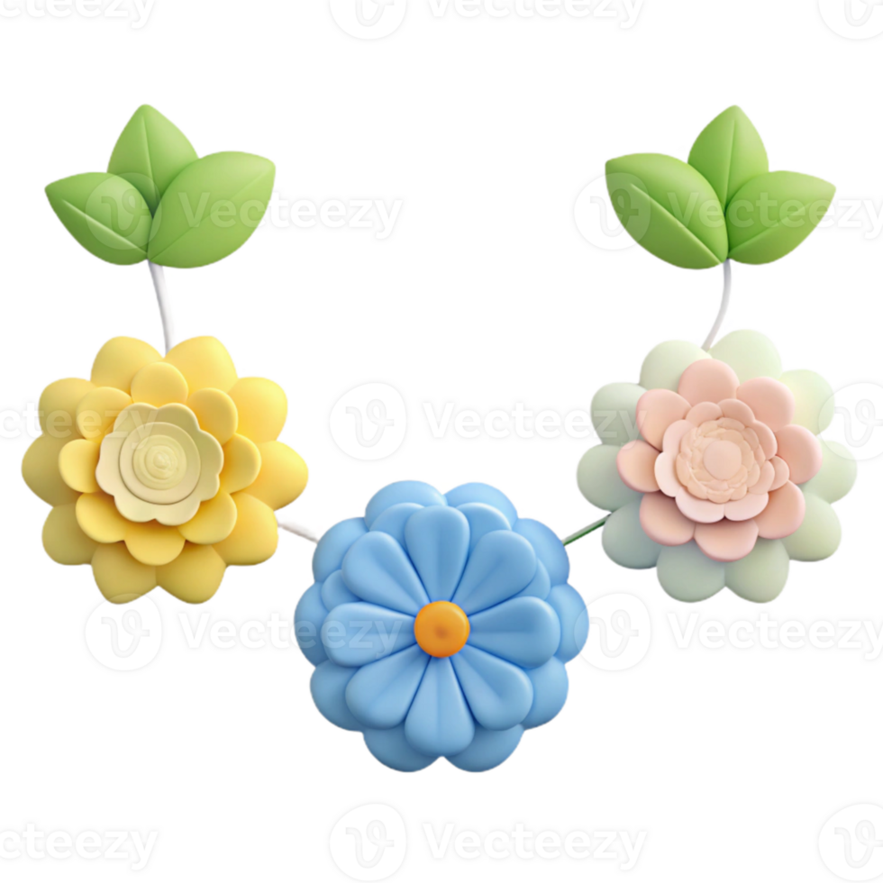 3D Flower Wall Decor Yellow, Pink, and Blue Flowers with Green Leaves png