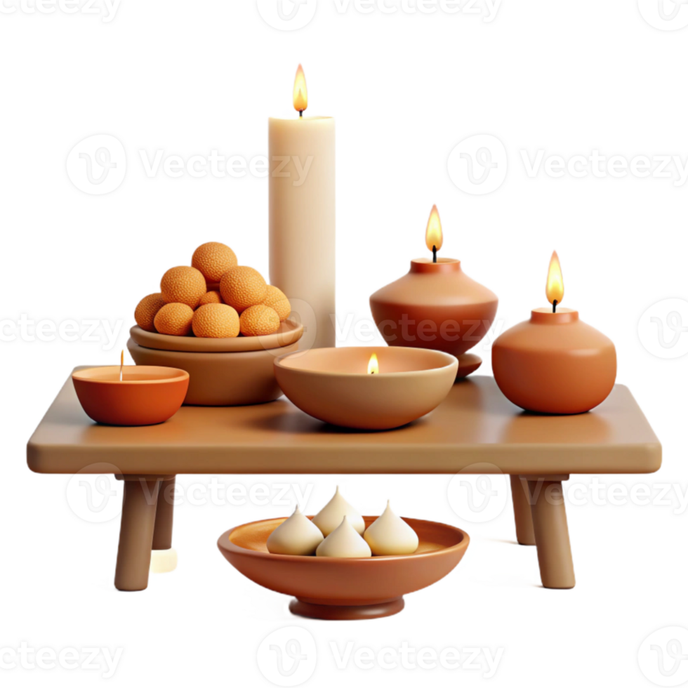 Candles, Sweets, and Bowls on a Wooden Table png