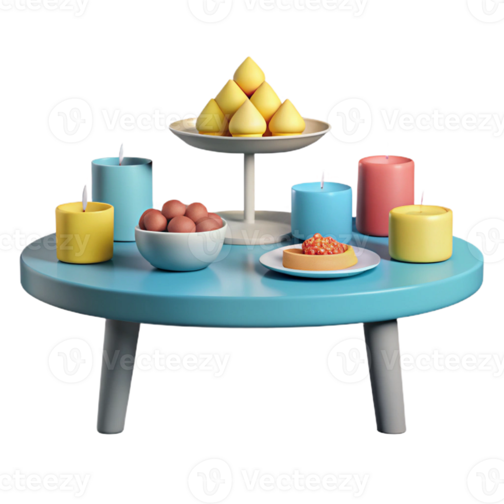 3D Rendered Tabletop Still Life with Candles, Food, and Decor png