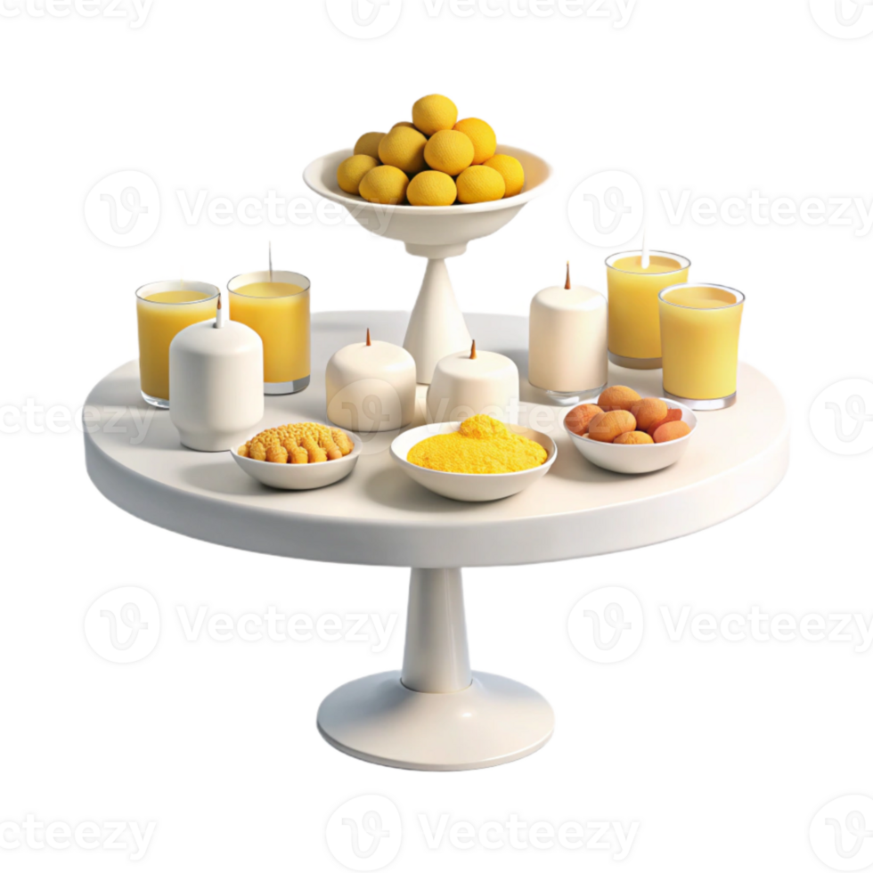 Yellow Candles, Fruit, and Powder on a White Table png