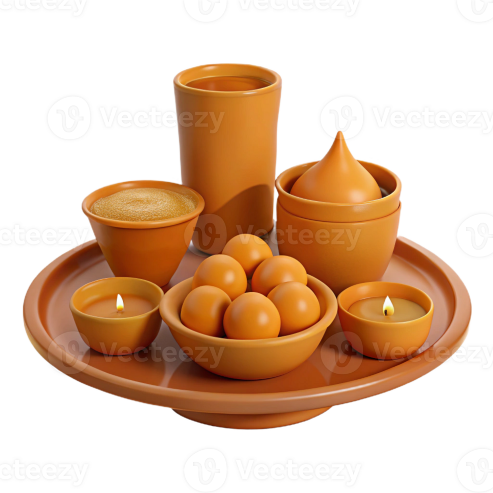 Ceramic Tray with Candles, Bowl of Round Objects, and Pitcher png