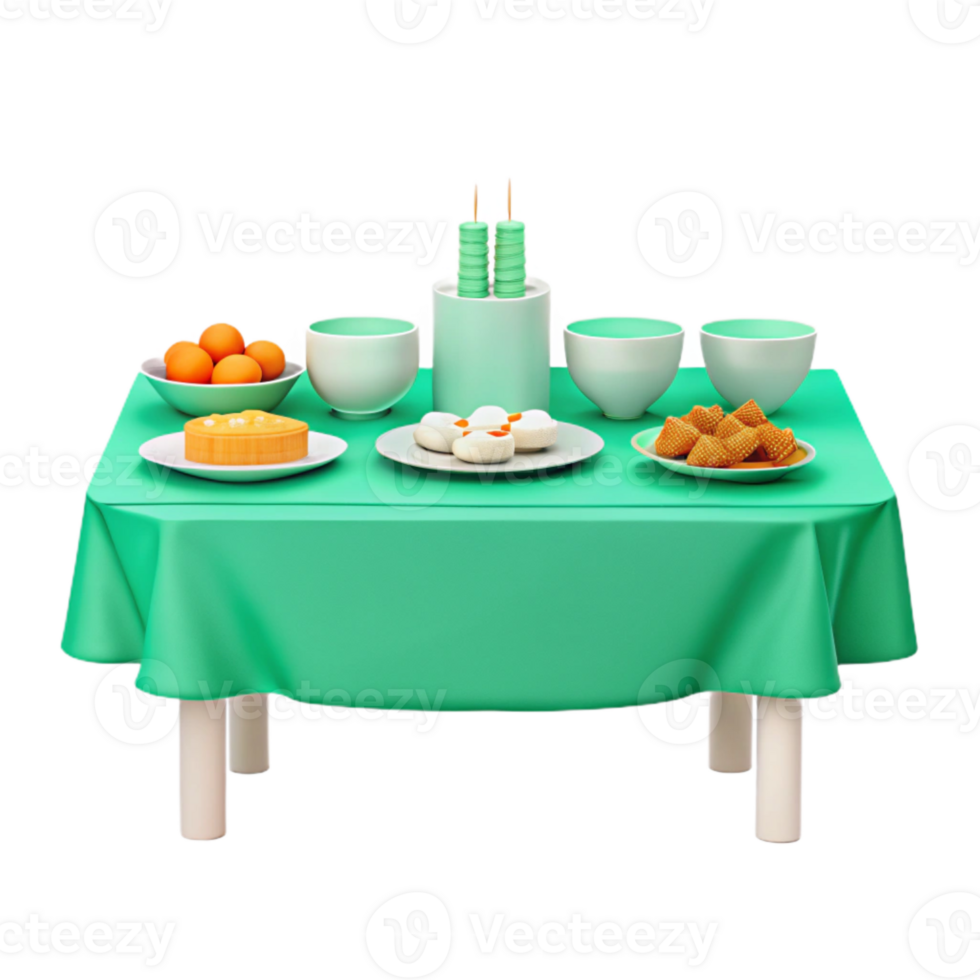 Table Setting with Green Tablecloth, Dessert, and Bowls png