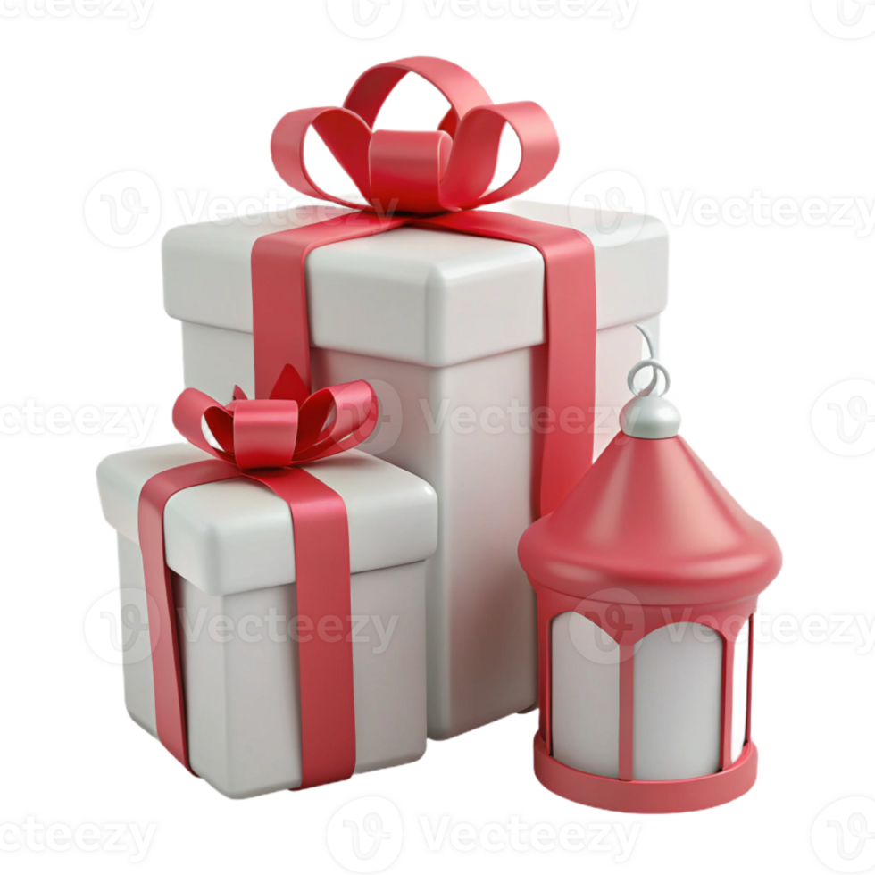 Gift Boxes with Red Ribbons and a Decorative Lantern png