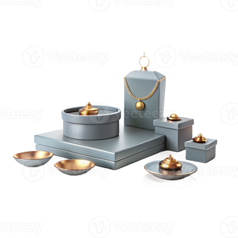 Elegant Gray and Gold Gift Boxes with Decorative Tops and Saucers png