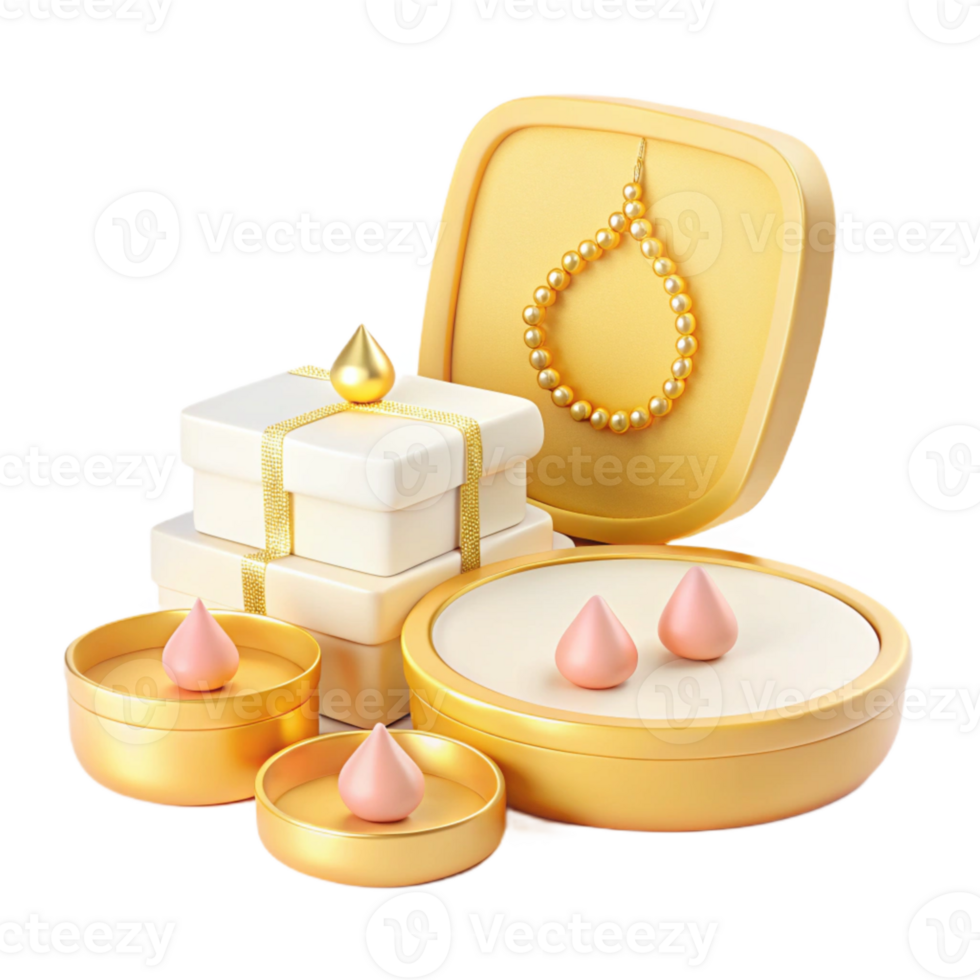 Gold Jewelry Boxes with Pearl Necklace and Earring Displays png