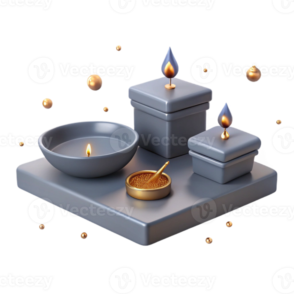 Candles, Orbs, and a Small Bowl on a Grey Platform png