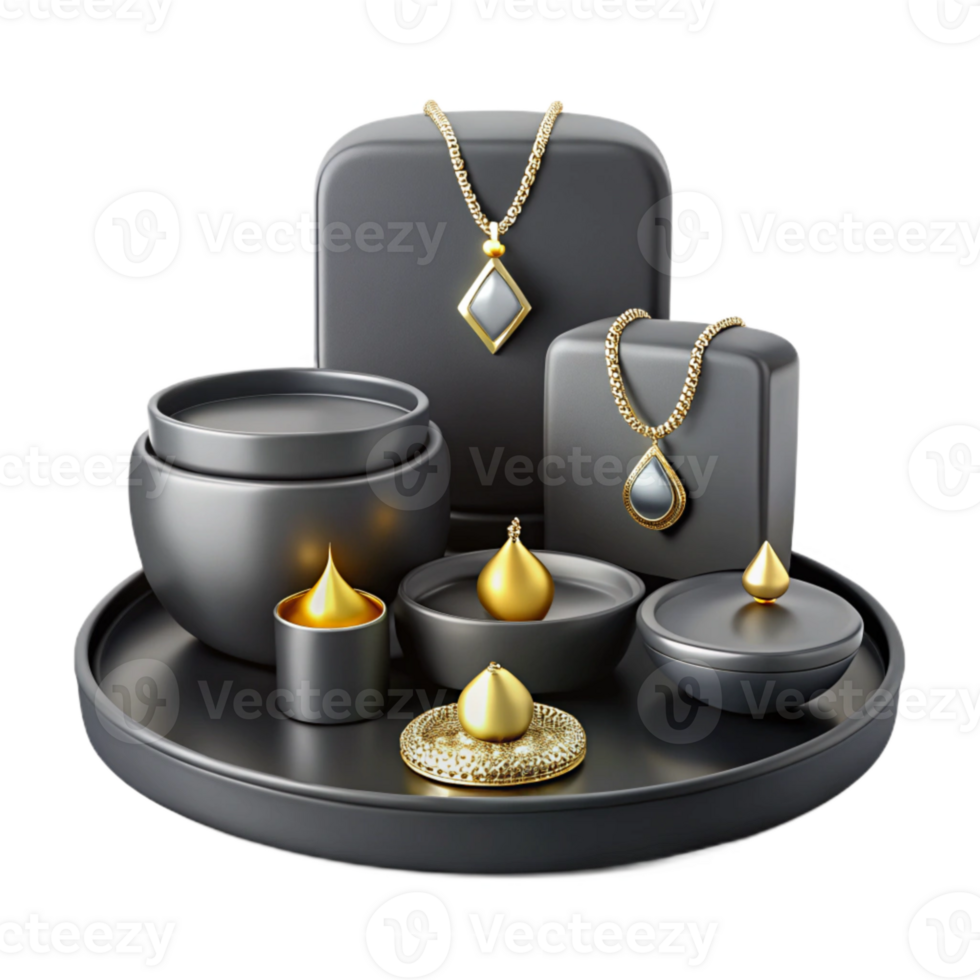 Gold Jewelry Display on Black Pedestals and Tray png