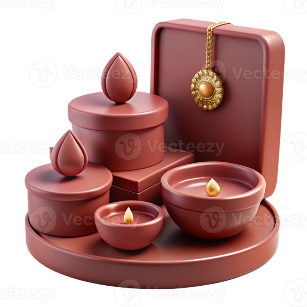 Red and Gold 3D Render of Candles, Boxes and a Tray png