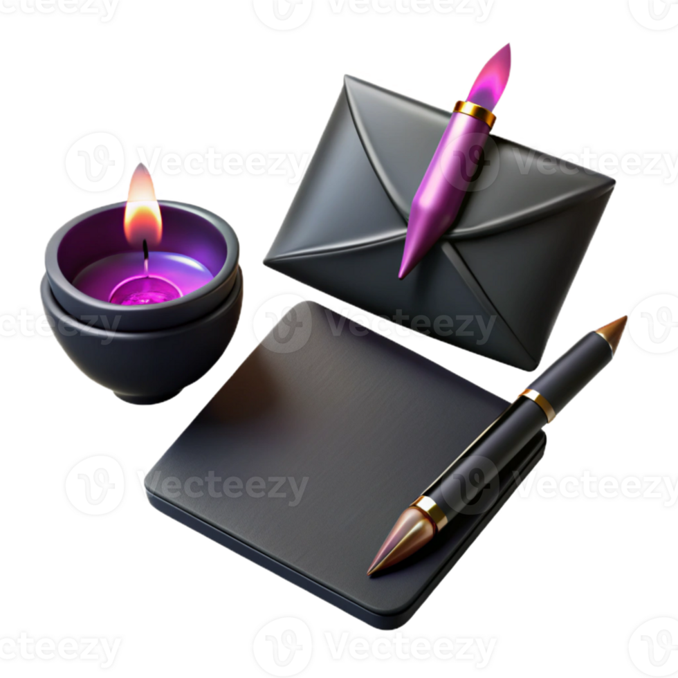 Black Envelope, Pen, and Candle with Flame png