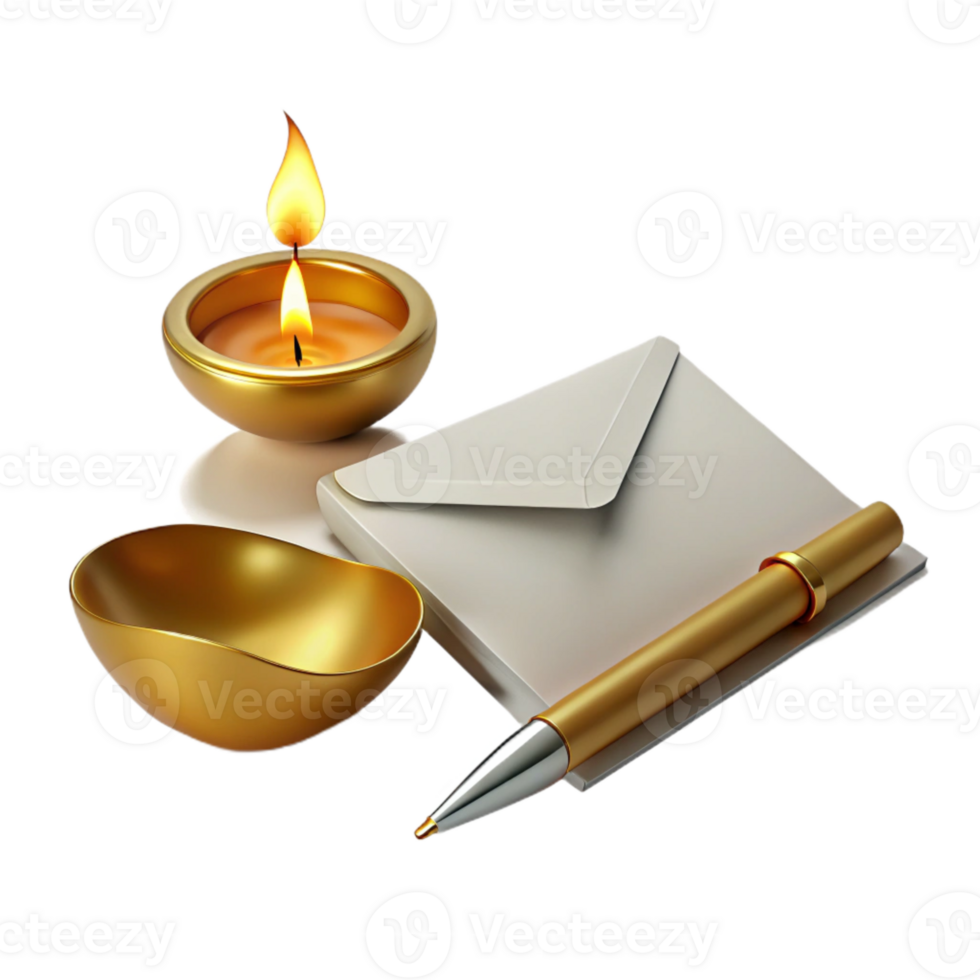Gold Candle, Envelope, and Pen A Symbolic Composition png