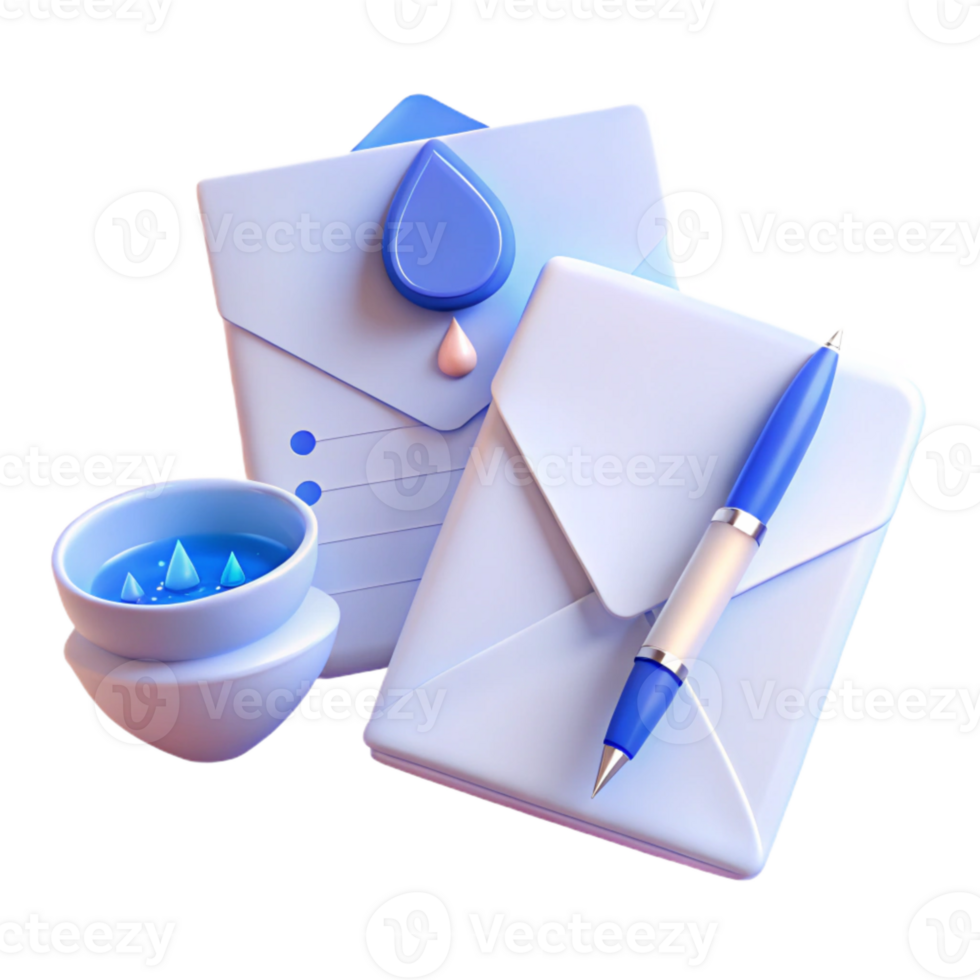 Blue 3D Envelope with Pen and Water Drop Illustration png