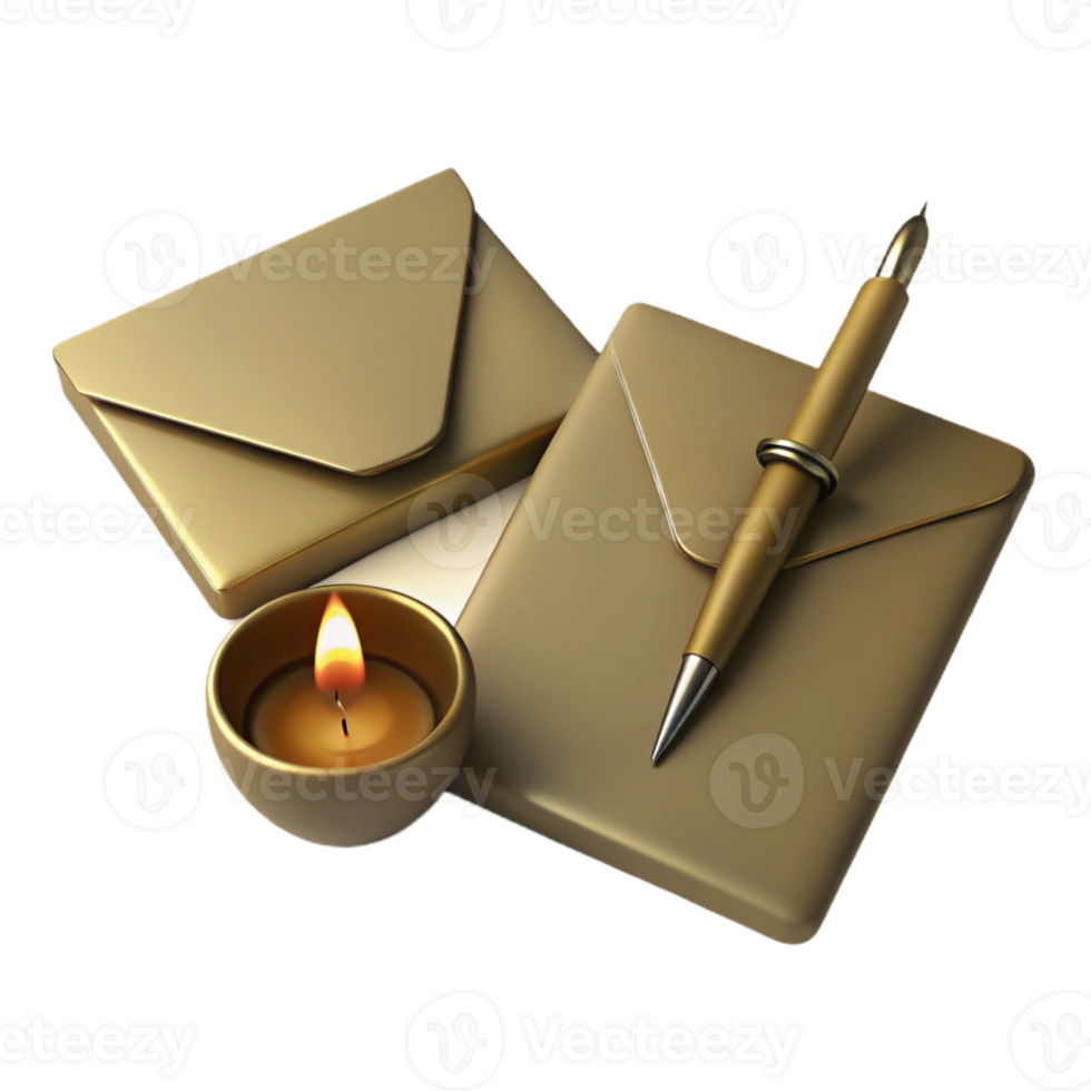 Golden Envelopes, Pen, and Candle A Still Life of Correspondence png