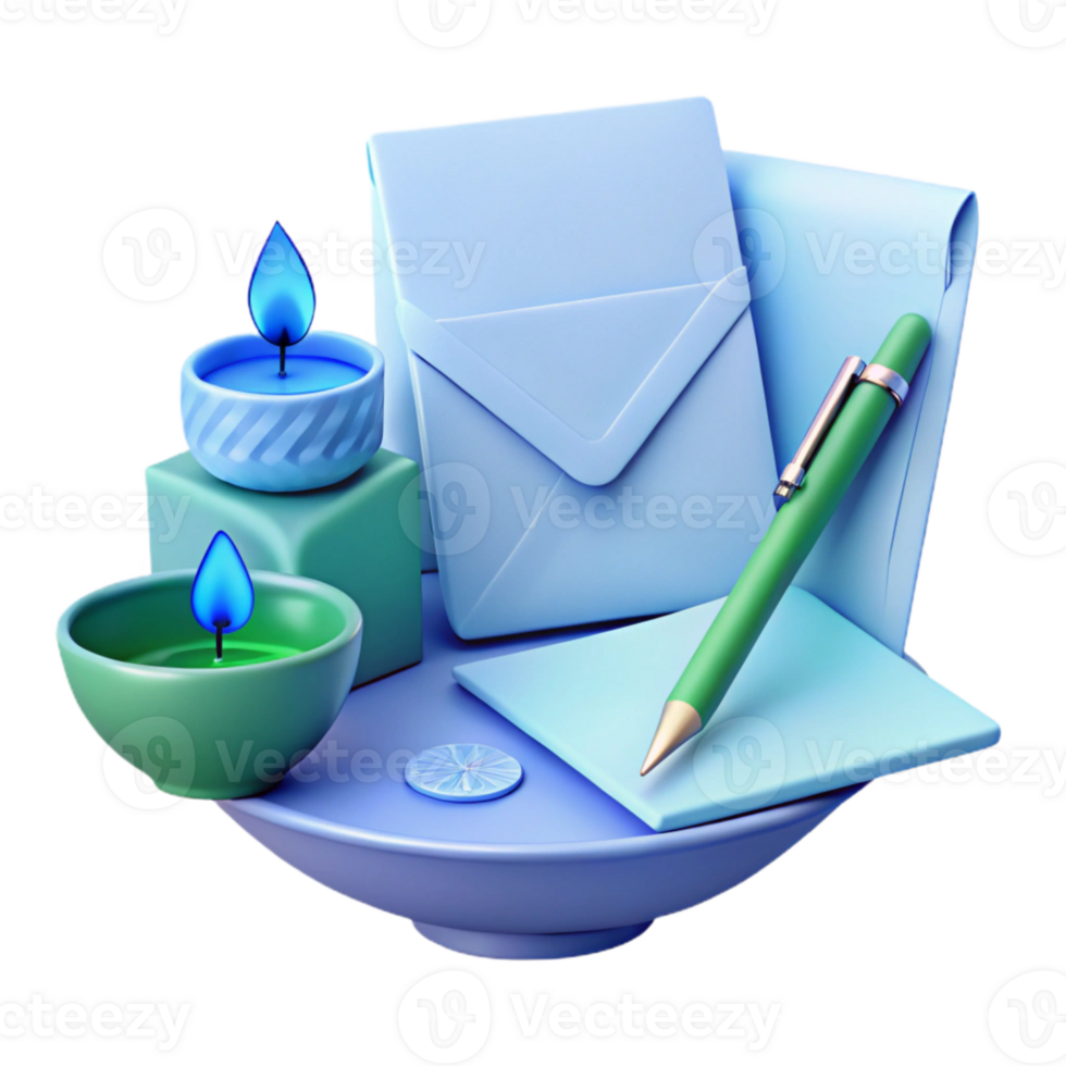 3D Render of Envelopes, Candles, and Pen on a Plate png