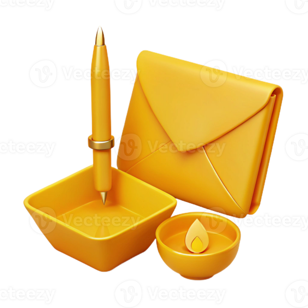 3D Illustration of a Pen, Envelope, and Candle png
