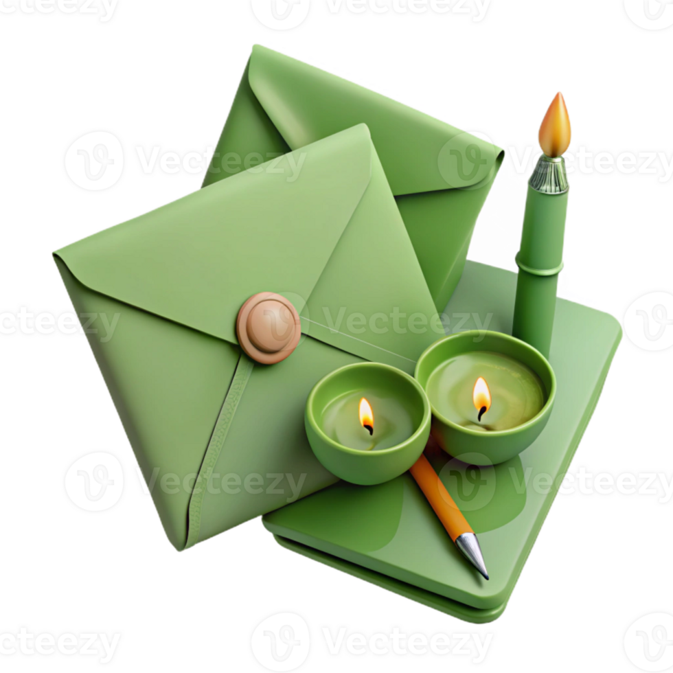 Green Envelopes with Burning Candles and a Pen on a Book png