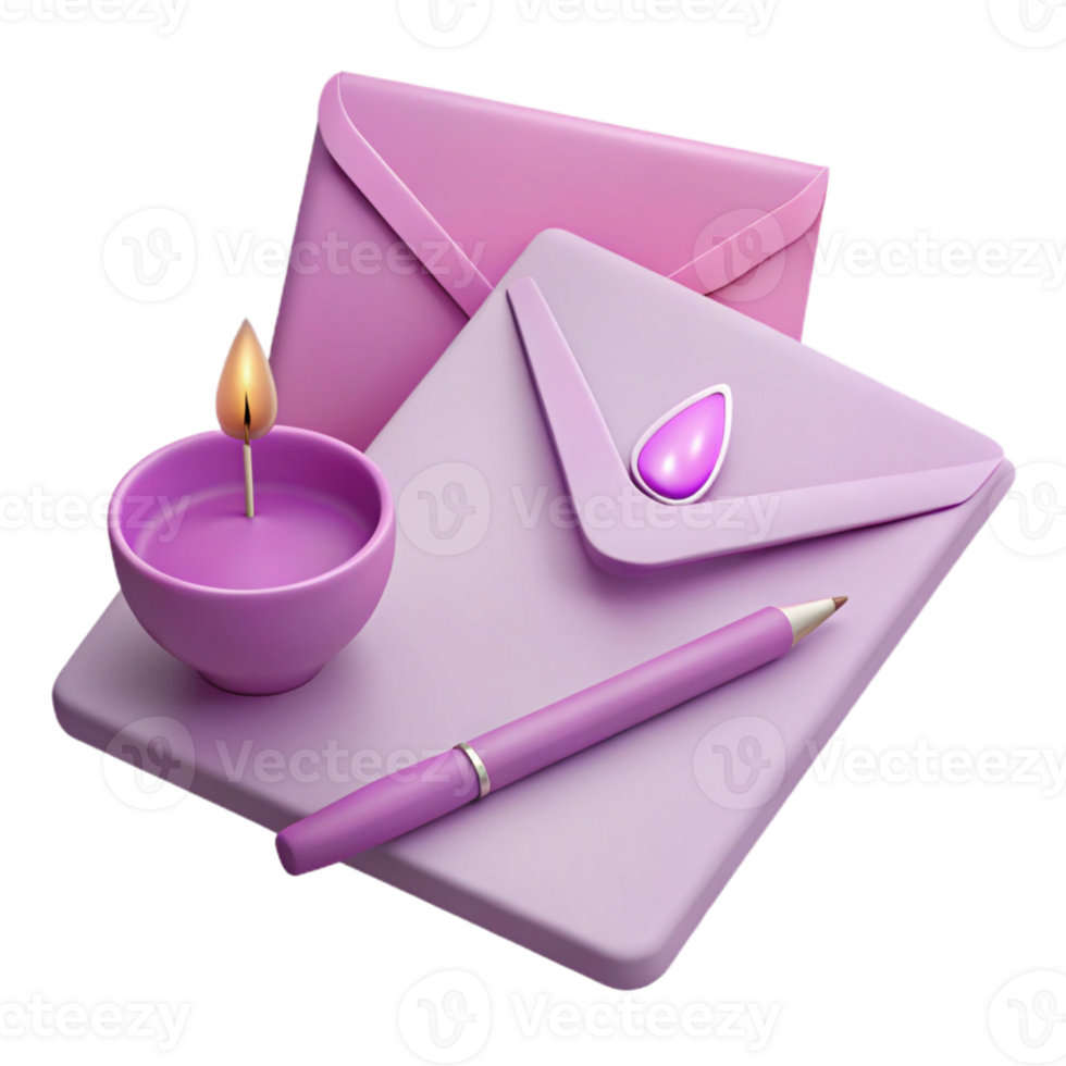 Purple Envelope, Candle, and Pen on Notebook 3D Illustration png