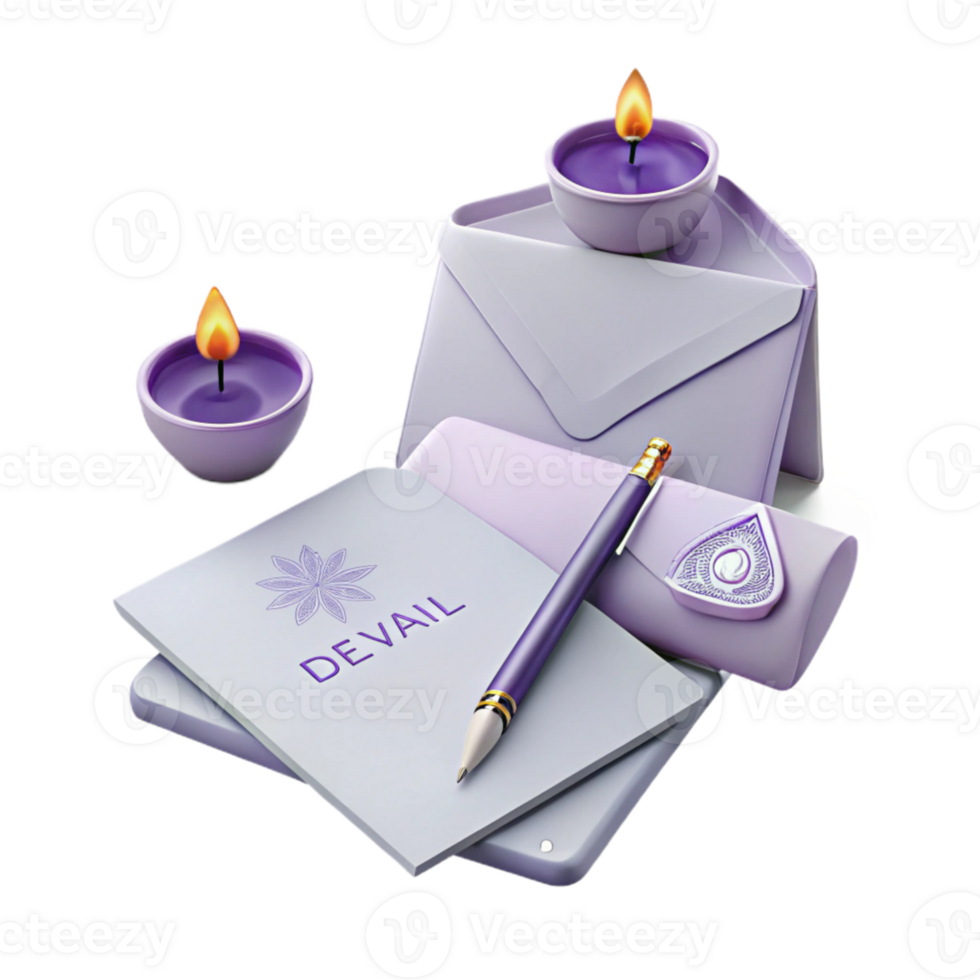 Purple Envelope with Candles and Pen on Notepad png