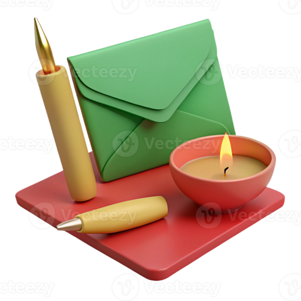3D Render of a Green Envelope, Candle, and Pens on a Red Surface png