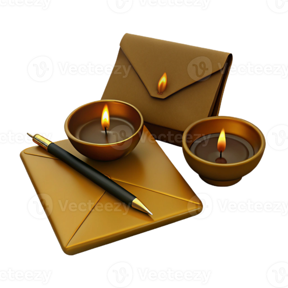 Golden Envelopes with Burning Candles and Pen png