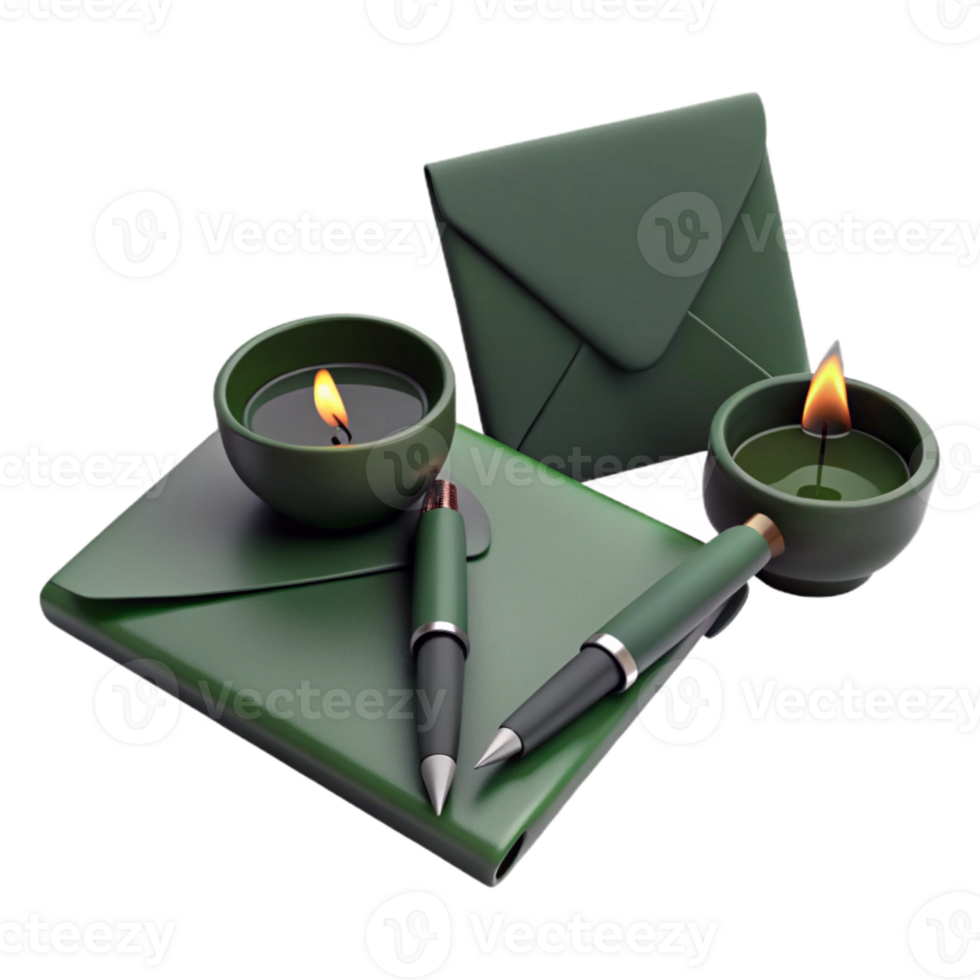 Green Envelope, Notebook, Pens, and Candles png