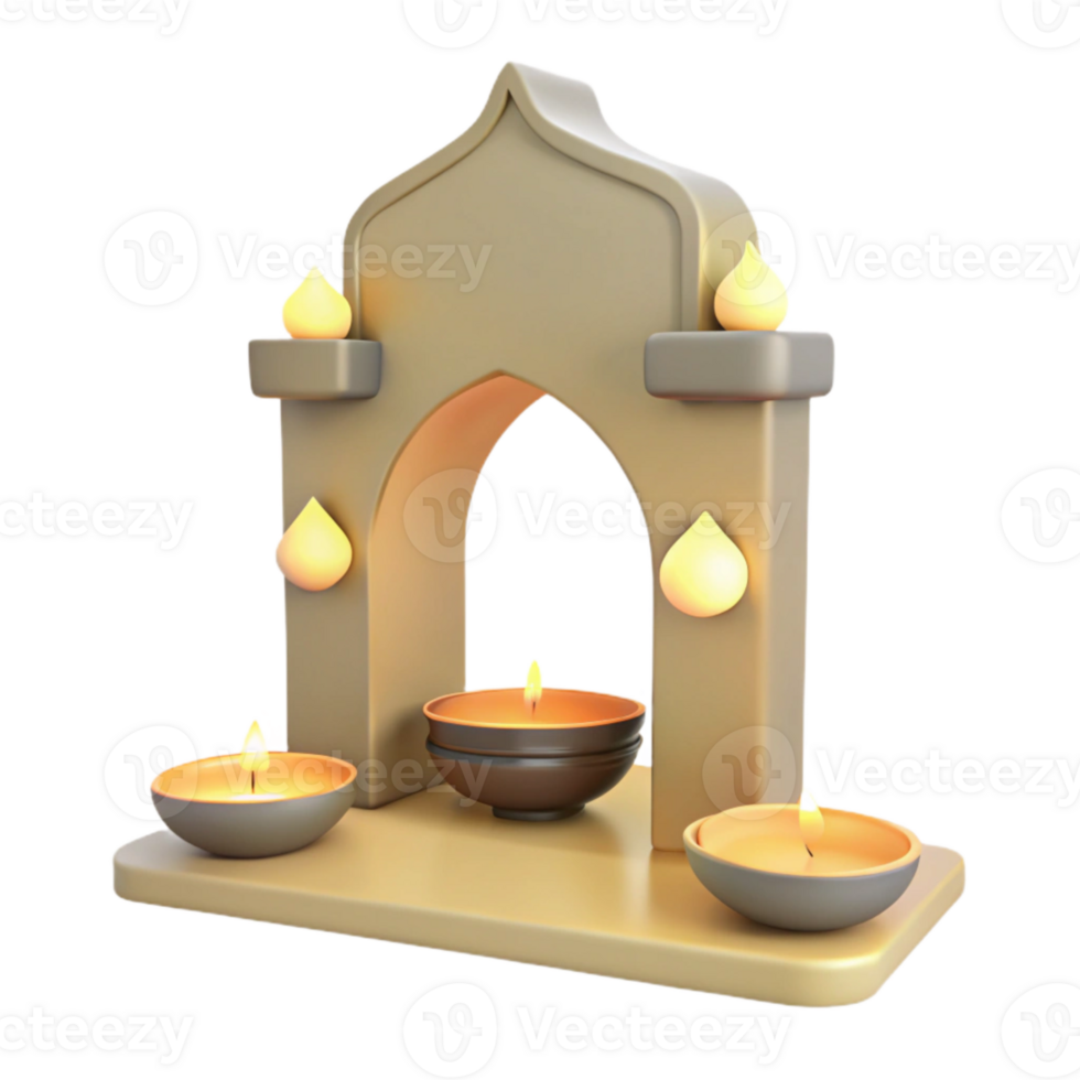 3D Render of an Ornate Candle Holder with Arch and Flames png
