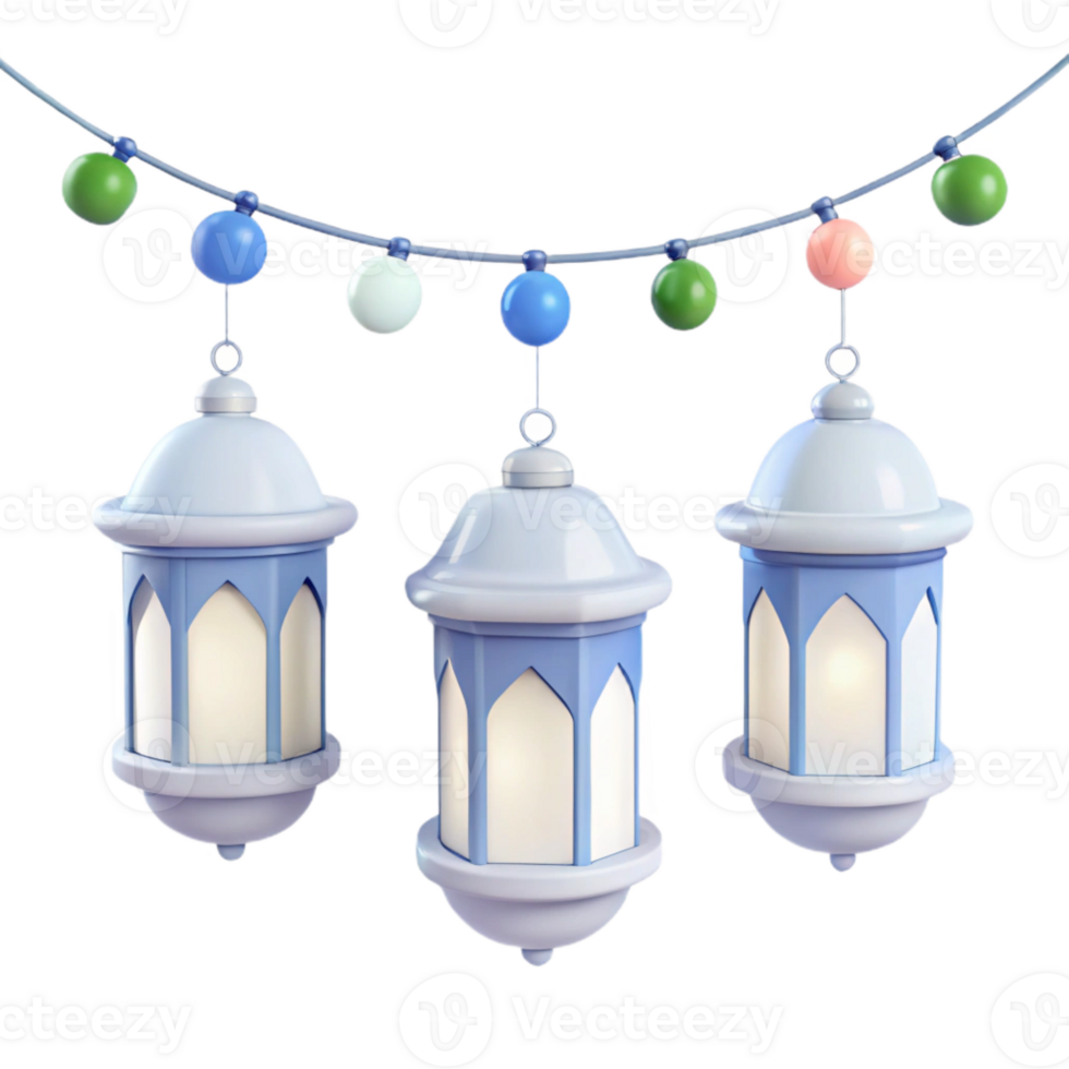 Three Blue Lanterns with Colorful Lights png