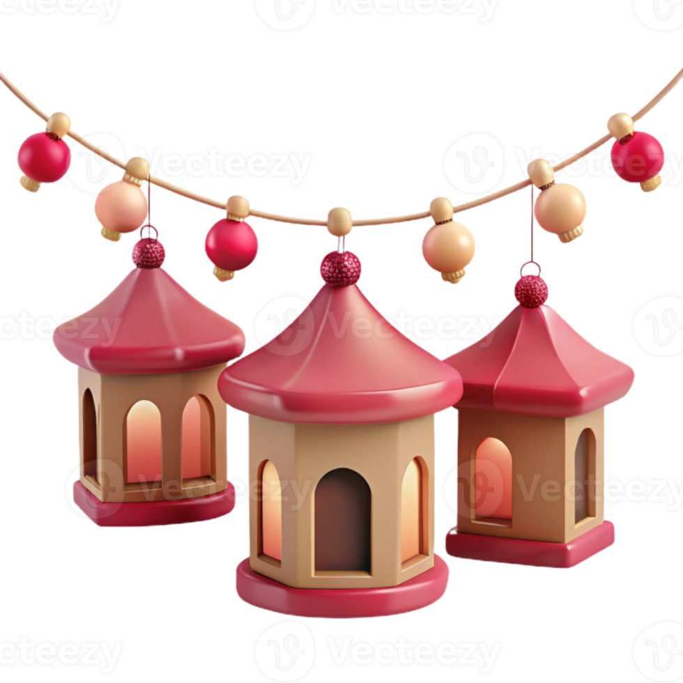 Three Festive Lanterns Hanging From a String of Lights png