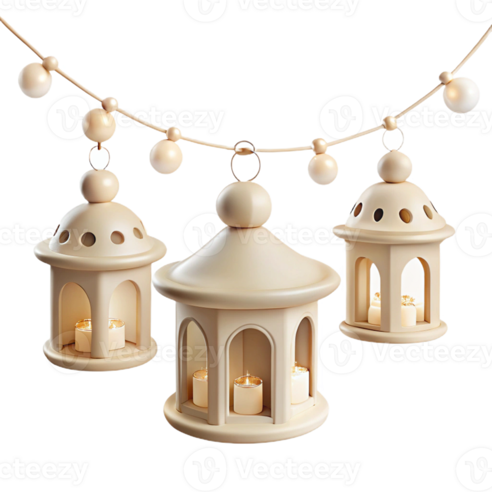 Three Beige Lanterns with Candles and String Lights png