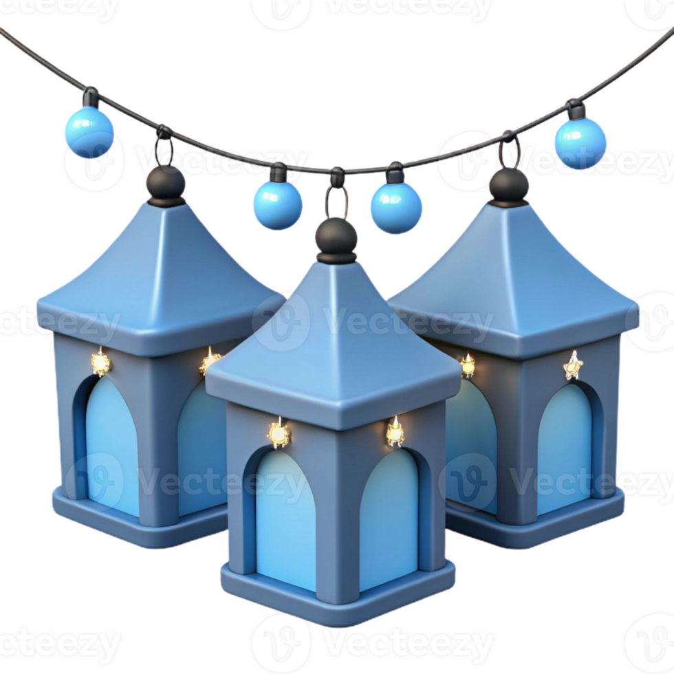Three Blue Lanterns with String Lights png