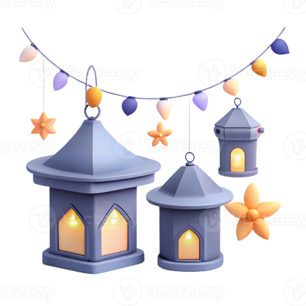 Decorative Lanterns with String Lights and Flowers png
