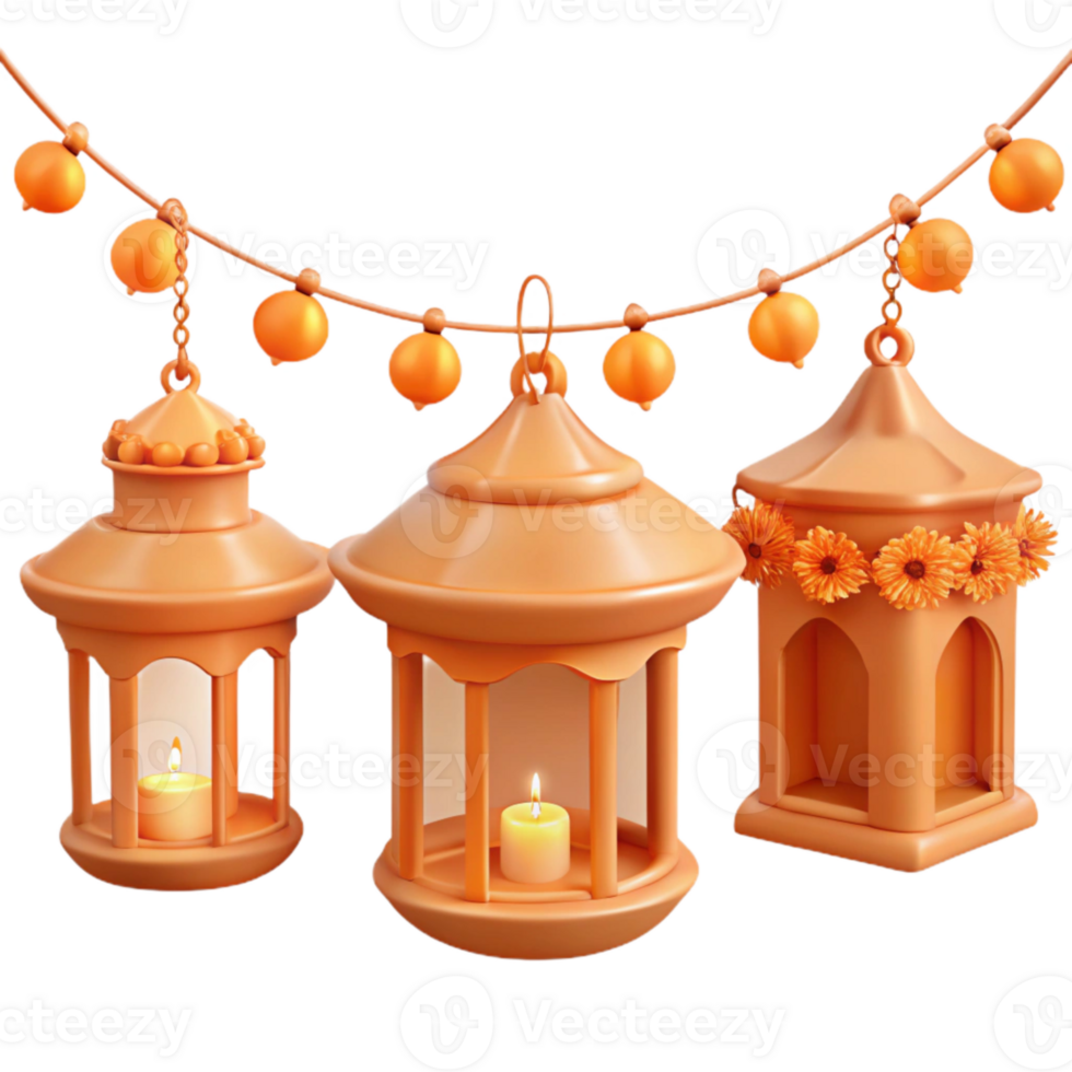 Three Orange Lanterns with Candles and String Lights png
