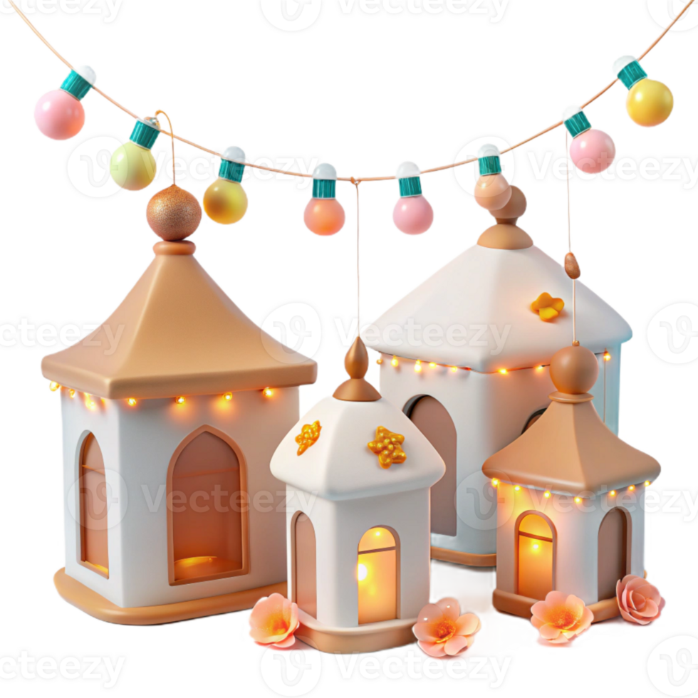 3D Rendered Festive Lanterns with String Lights and Flowers png