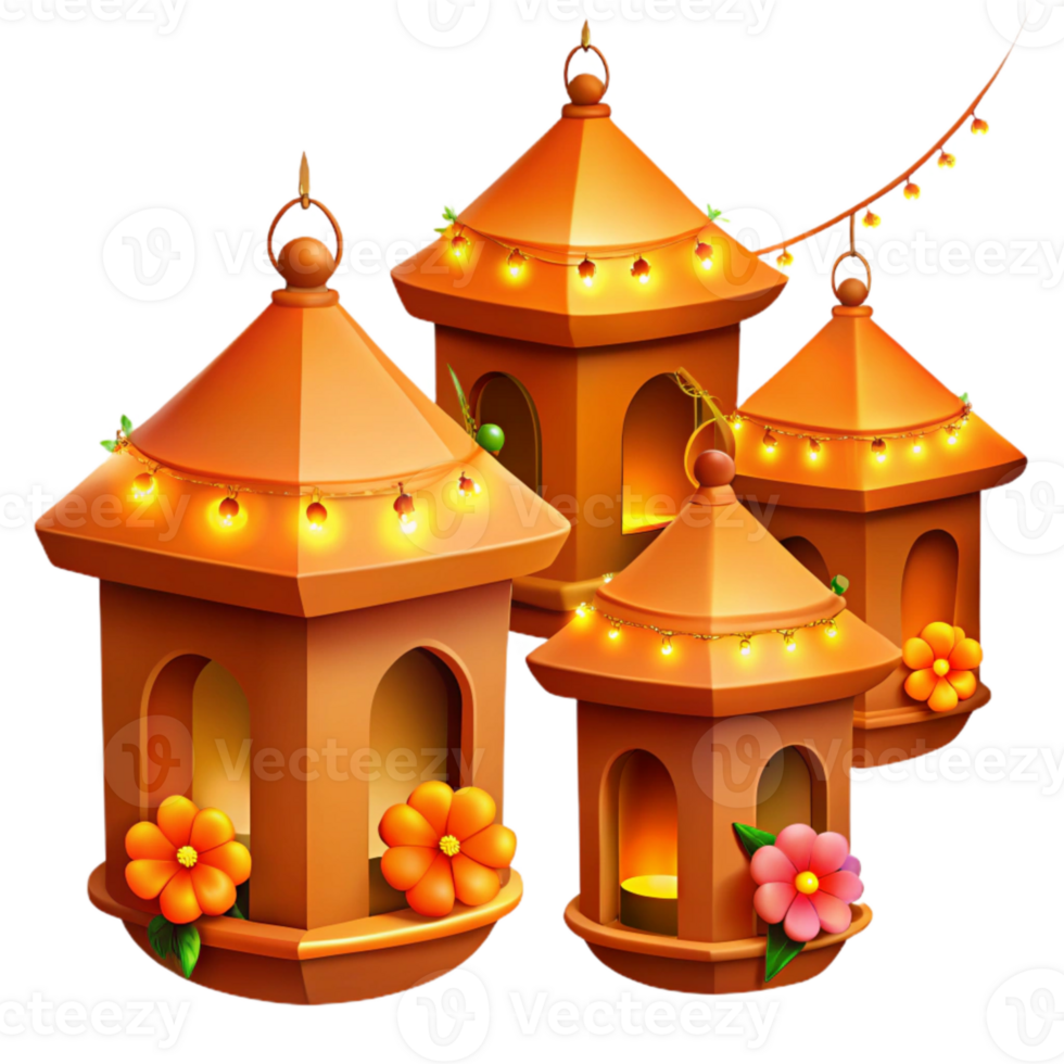 Three Decorative Lanterns with String Lights and Flowers png