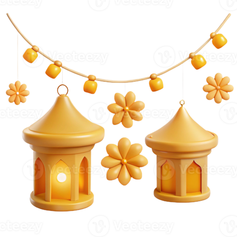 3D Rendered Golden Lanterns with Hanging Garland png