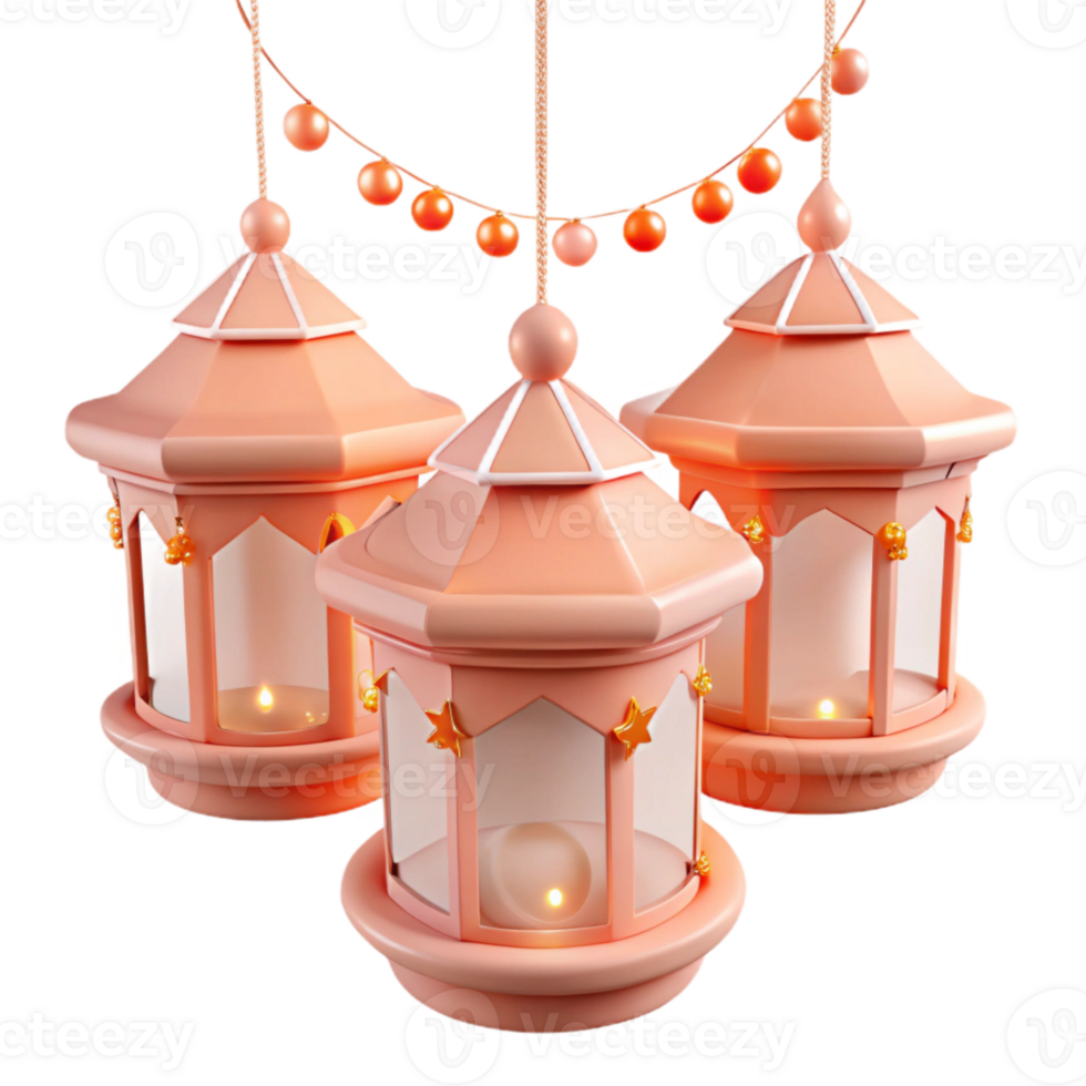Three Hanging Pink Lanterns with String of Lights png