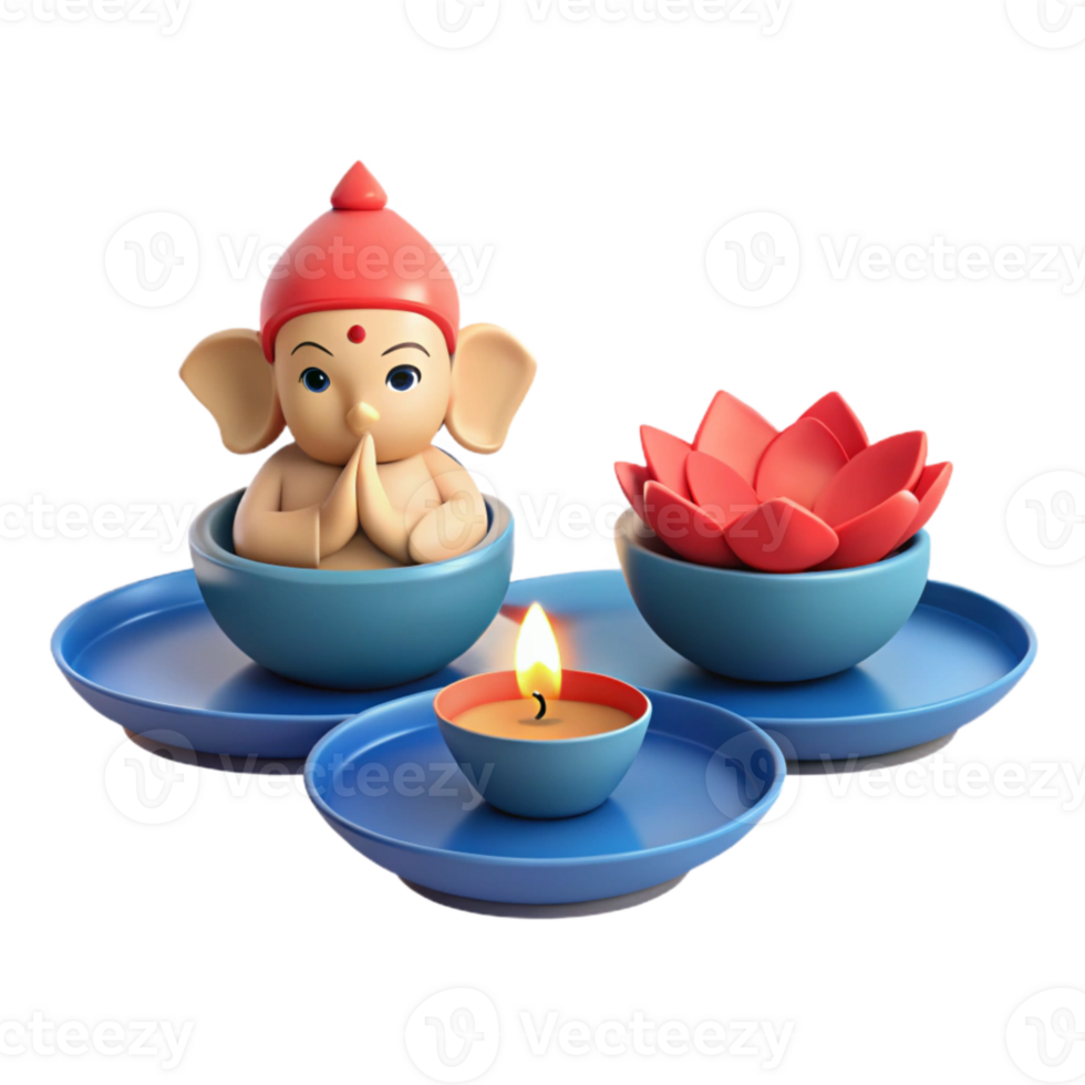 3D Rendered Ganesha with Lotus and Candle png