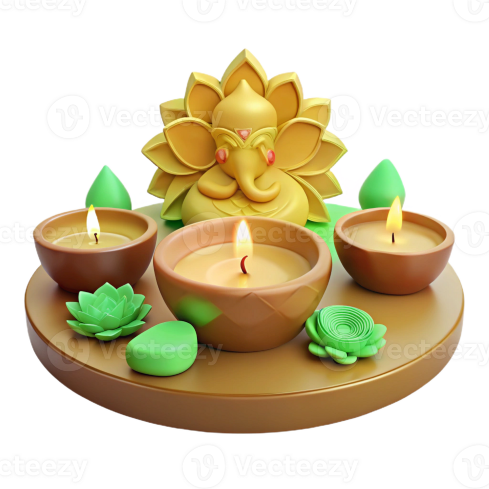 Golden Deity with Burning Candles and Greenery png